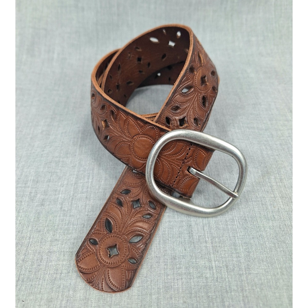 Fossil Womens Brown Tooled Leather Cutout Belt Silver Buckle BT3369200 Large